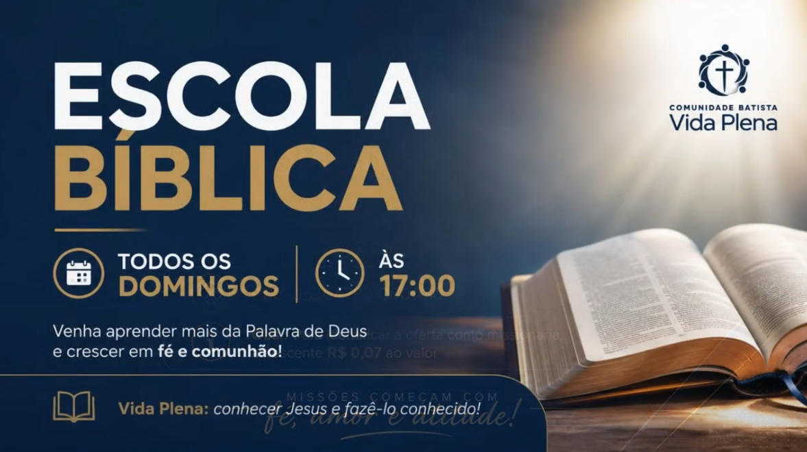 Escola bíblica - todos os domingos às 17h00, Venha aprender mais da palavra de Deus e crescer em fé e comunhão